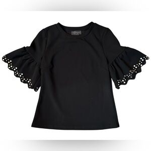 Gracia Black Top. Size Small. 32”-36” Bust 22” Length.  Mirrors on the Sleeves